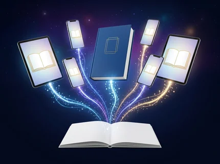A manuscript below, with a printed book and several eBook editions rising from it