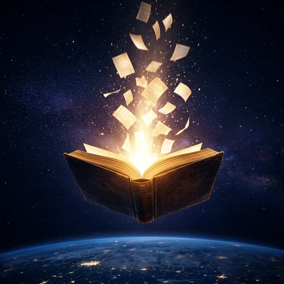 An open book with its pages rising into space