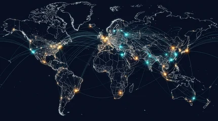 A world map showing distribution routes between continents