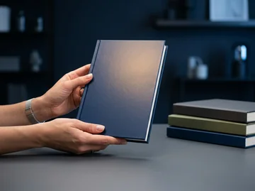 Hands holding a freshly printed book in a modern studio